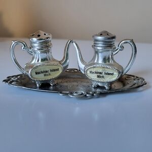 Vintage Cast Metal Mackinac Island Teapot Salt and Pepper Shakers w/ Underplate